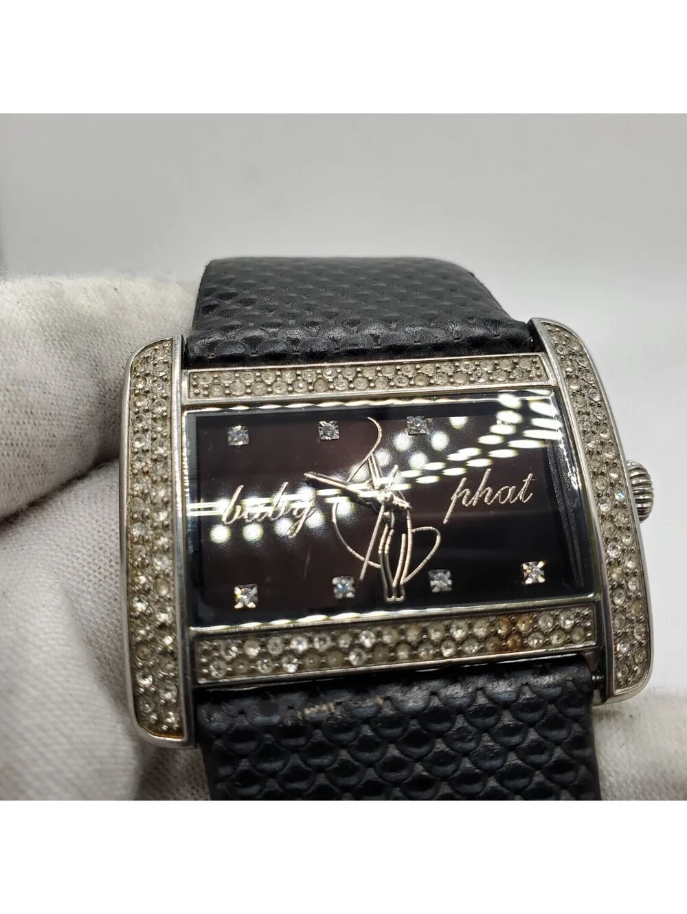 Baby Phat Rhinestone Bezel Womens Watch  40mm Black Dial New Battery